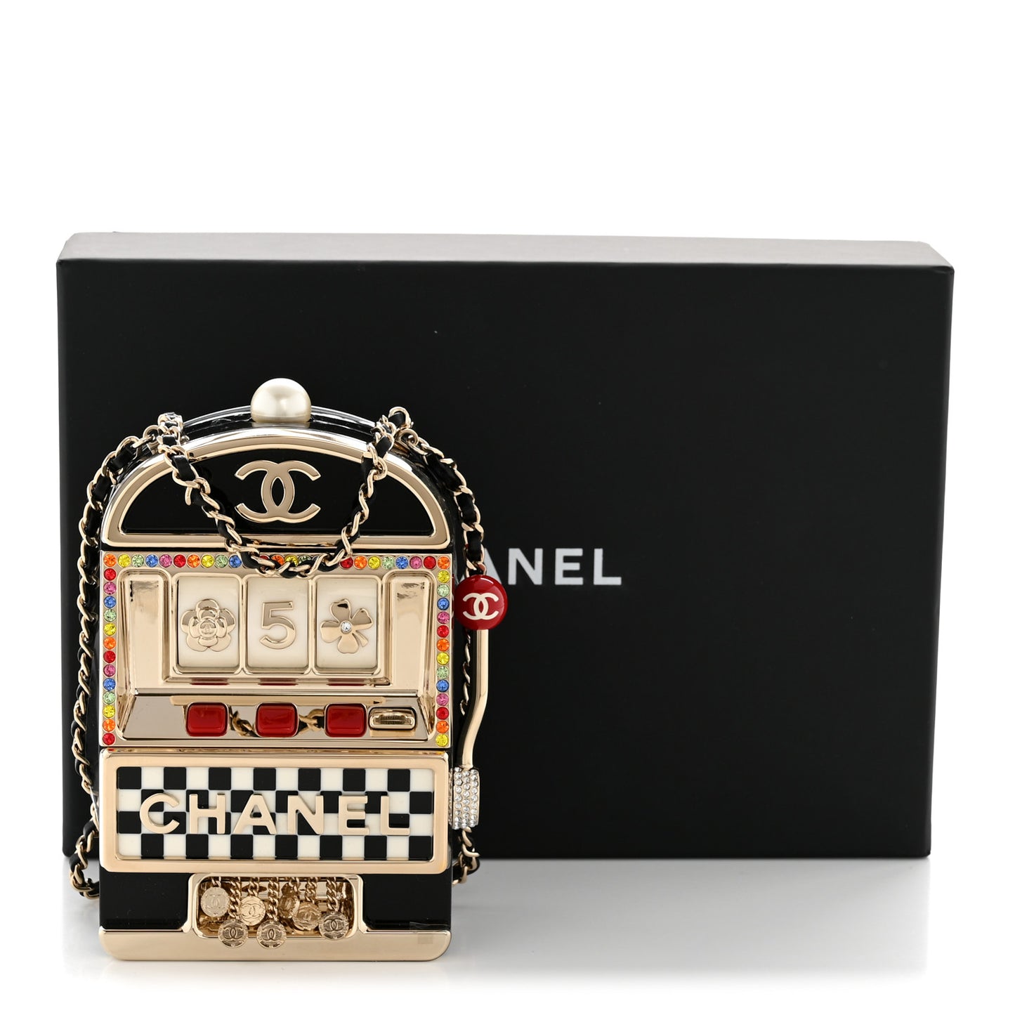 Resin Crystal Slot Machine Minaudiere Black Gold White Red