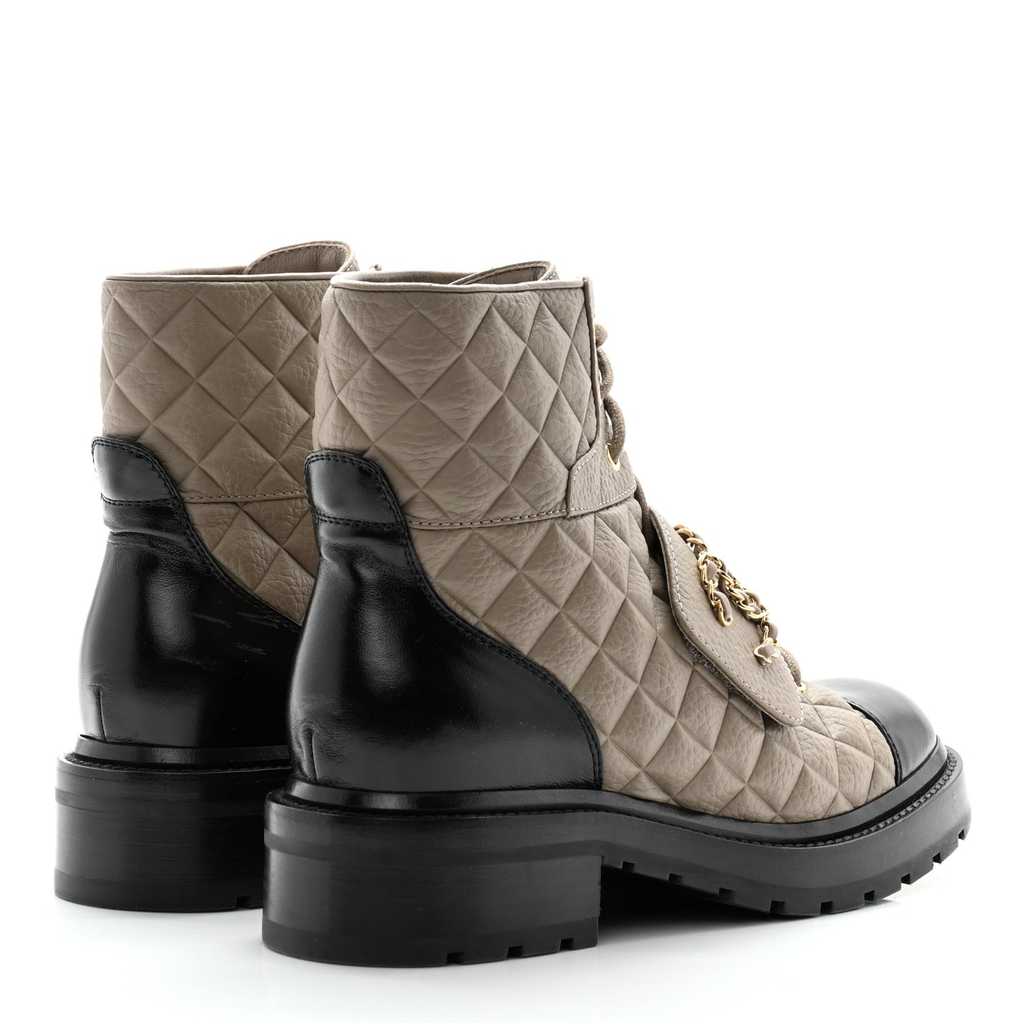 Calfskin Shiny Calfskin Quilted Lace Up Combat Boots 38.5 Dark Beige Black