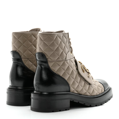 Chanel Calfskin Shiny Calfskin Quilted Lace Up Combat Boots 38.5 Dark Beige Black 4 of 13