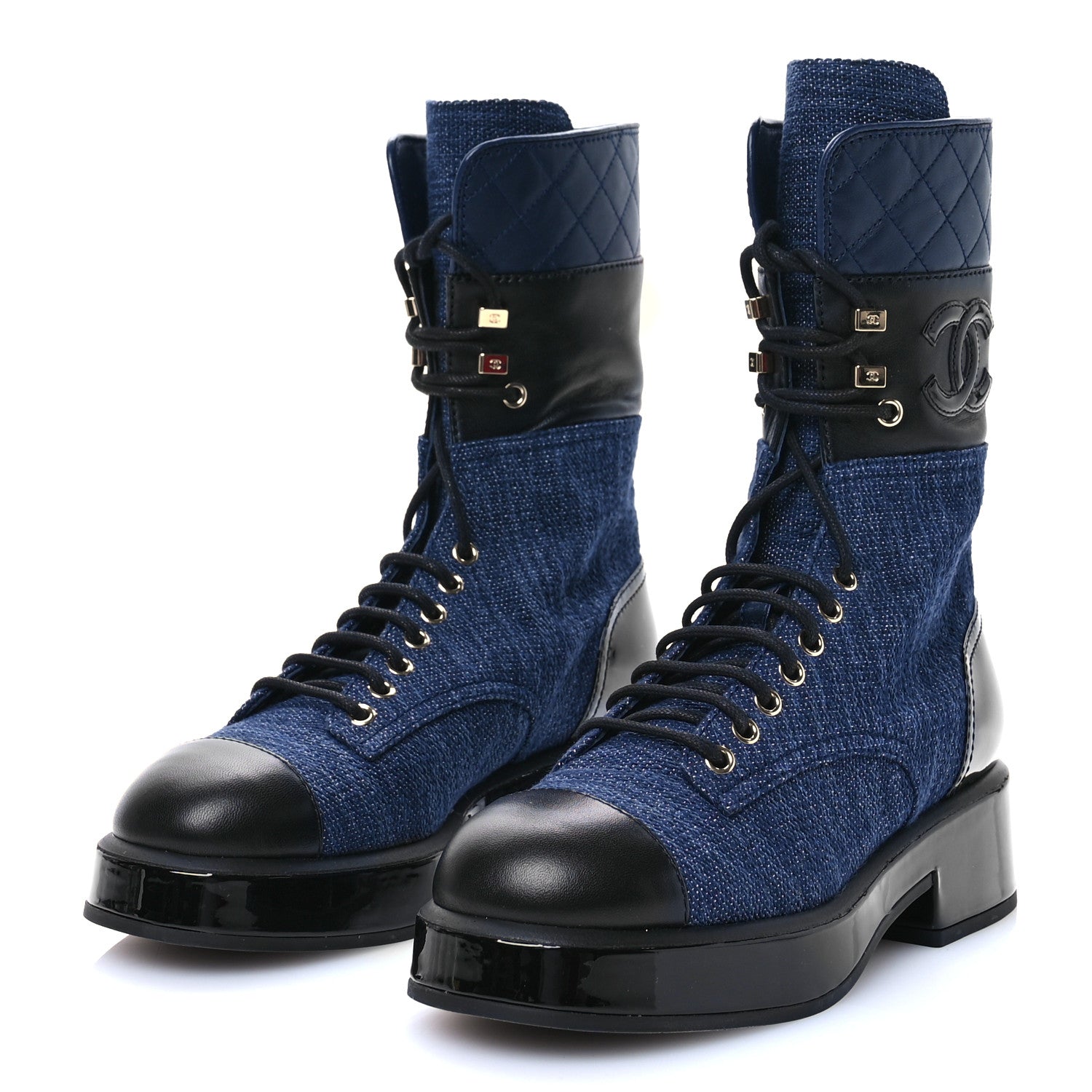 Chanel Denim Patent Lambskin Quilted CC Lace Up Combat Boots 37.5 Blue Black 3 of 8