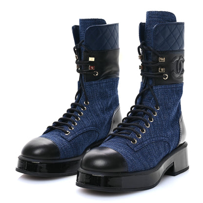 Chanel Denim Patent Lambskin Quilted CC Lace Up Combat Boots 37.5 Blue Black 3 of 8