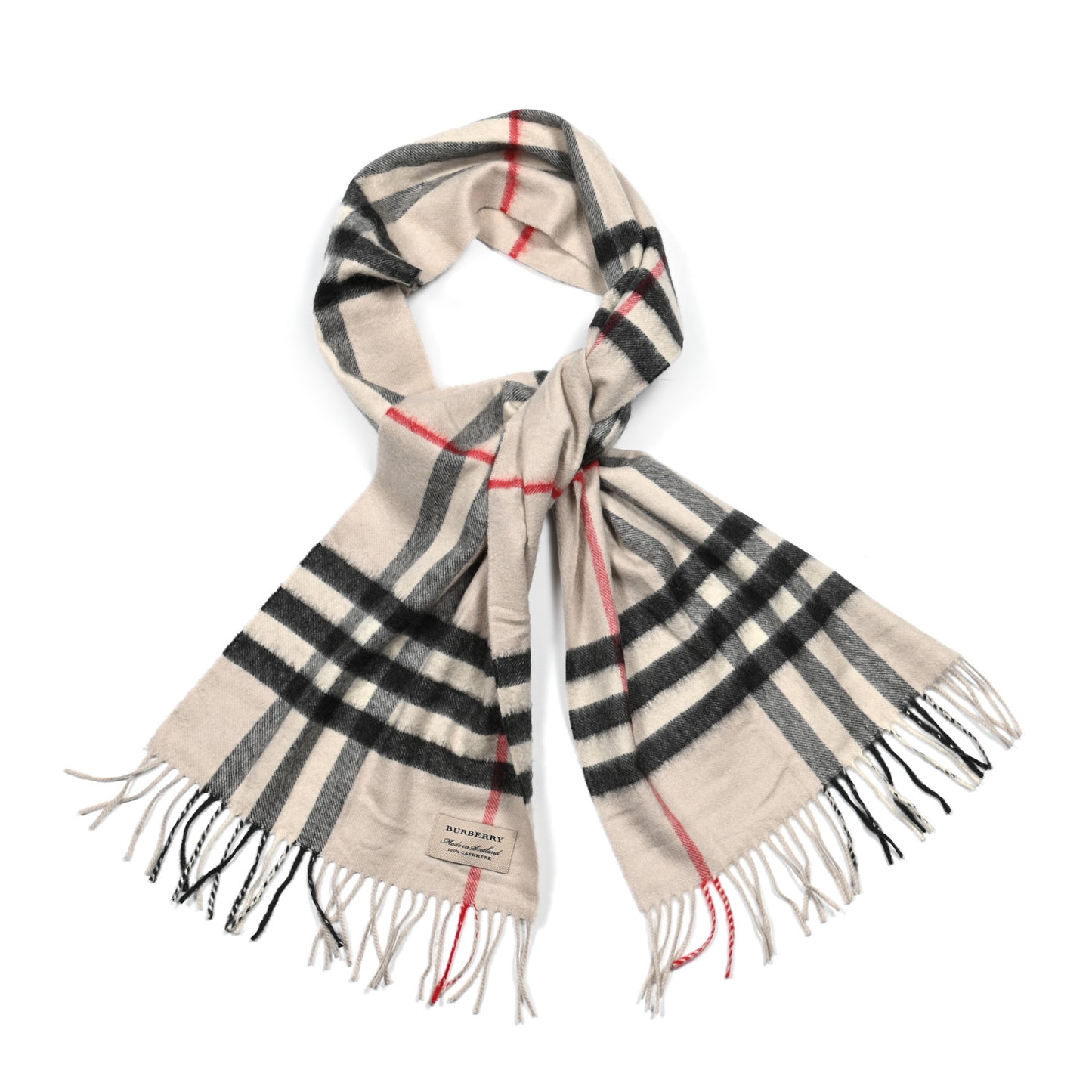 Cashmere Giant Check Fringe Scarf Ivory