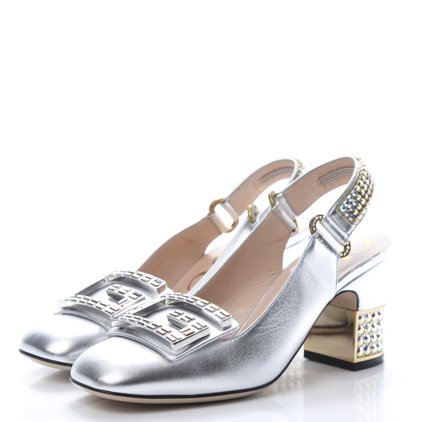 Metallic Nappa Crystal Square G Madelyn Slingbacks 35.5 Silver