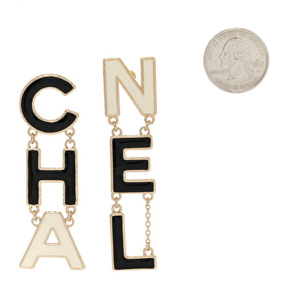 Chanel Metal Enamel Cha-Nel Logo Drop Earrings Black White 2 of 5