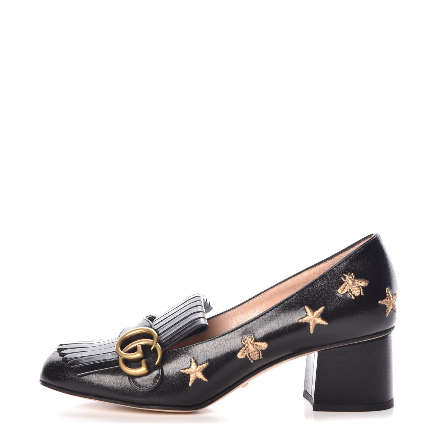 Gucci Quentin Goatskin Bee Star Embroidered GG Marmont Fringe 50mm Loafer Pumps 39 Black 1 of 8
