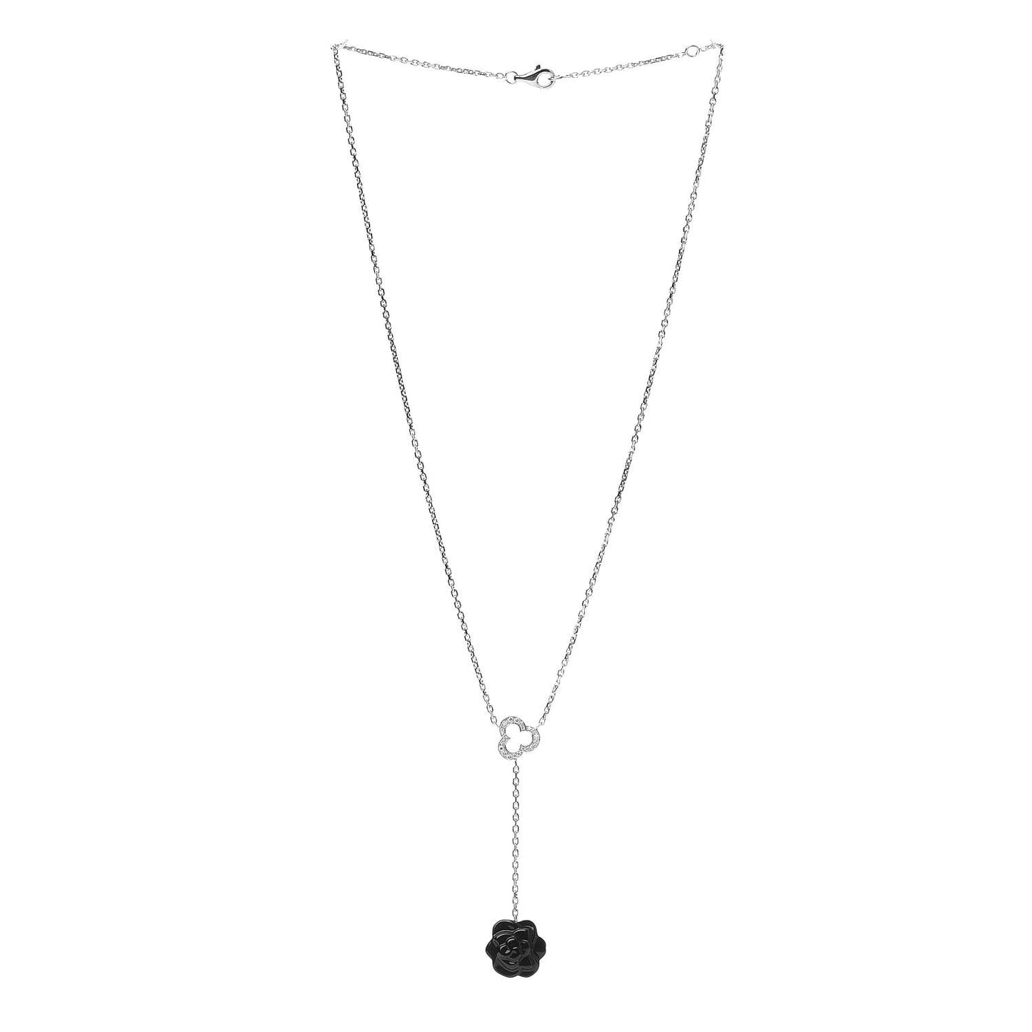 18K White Gold Diamond Black Onyx Camelia Sculpte Pendant Necklace