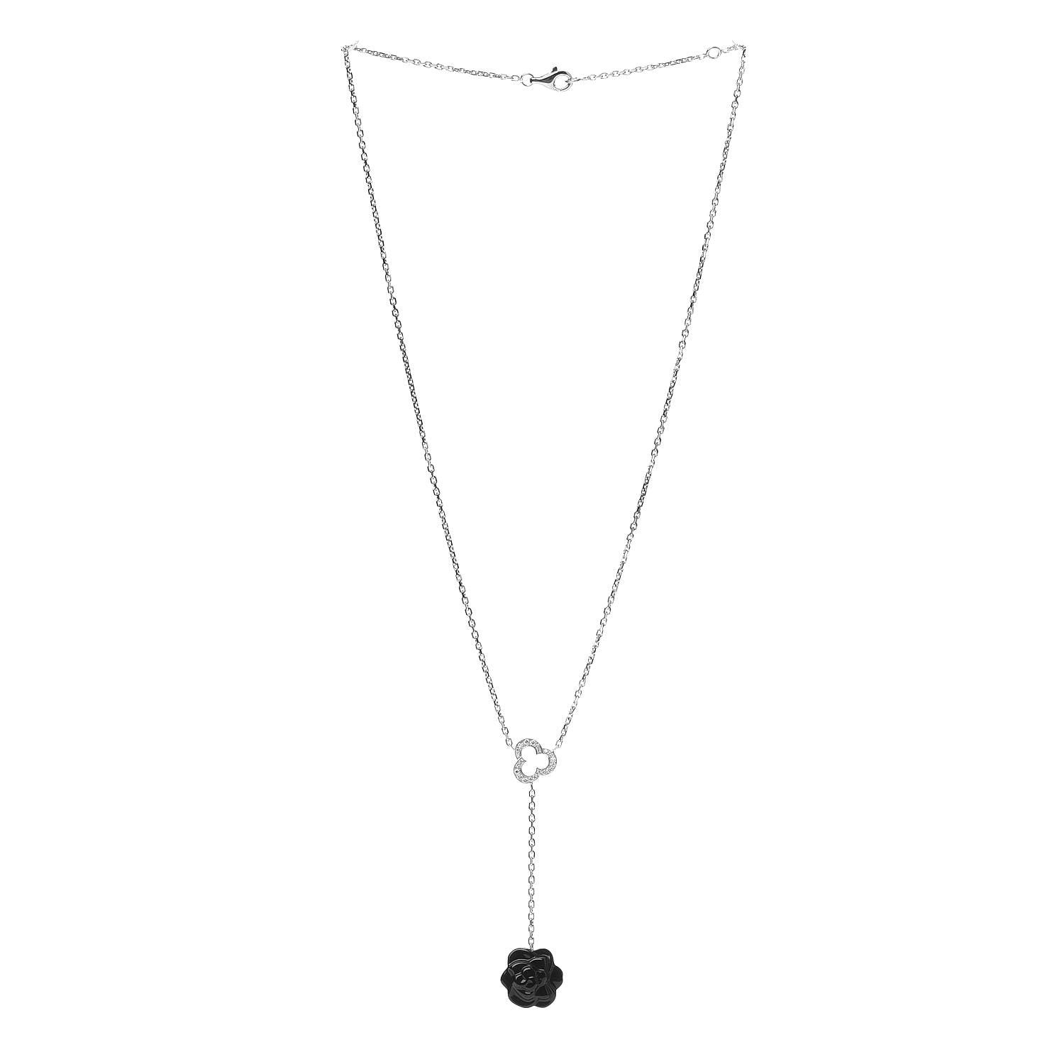 Chanel 18K White Gold Diamond Black Onyx Camelia Sculpte Pendant Necklace 3 of 5