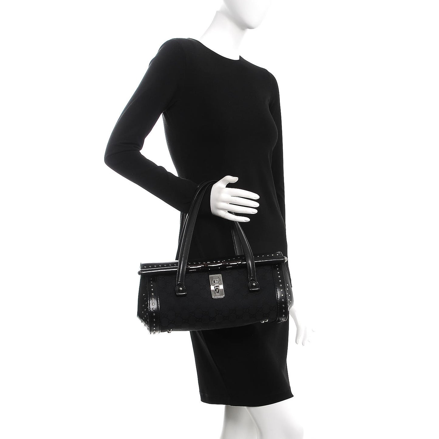 Monogram Studded Bamboo Bullet Satchel Black