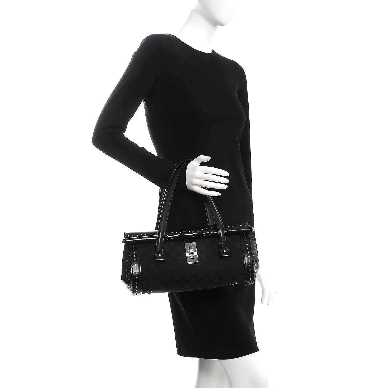 Gucci Monogram Studded Bamboo Bullet Satchel Black 2 of 7