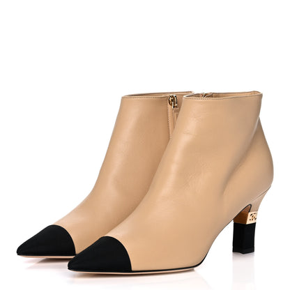 Chanel Lambskin Grosgrain Cap Toe Short Ankle Boots 39 Beige Black 3 of 10