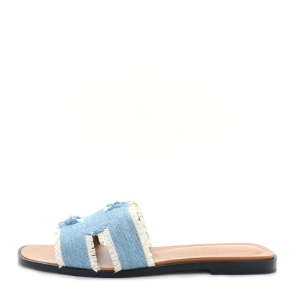 Hermes Denim Oran Fringe Sandals 38 Bleu Clair 1 of 9