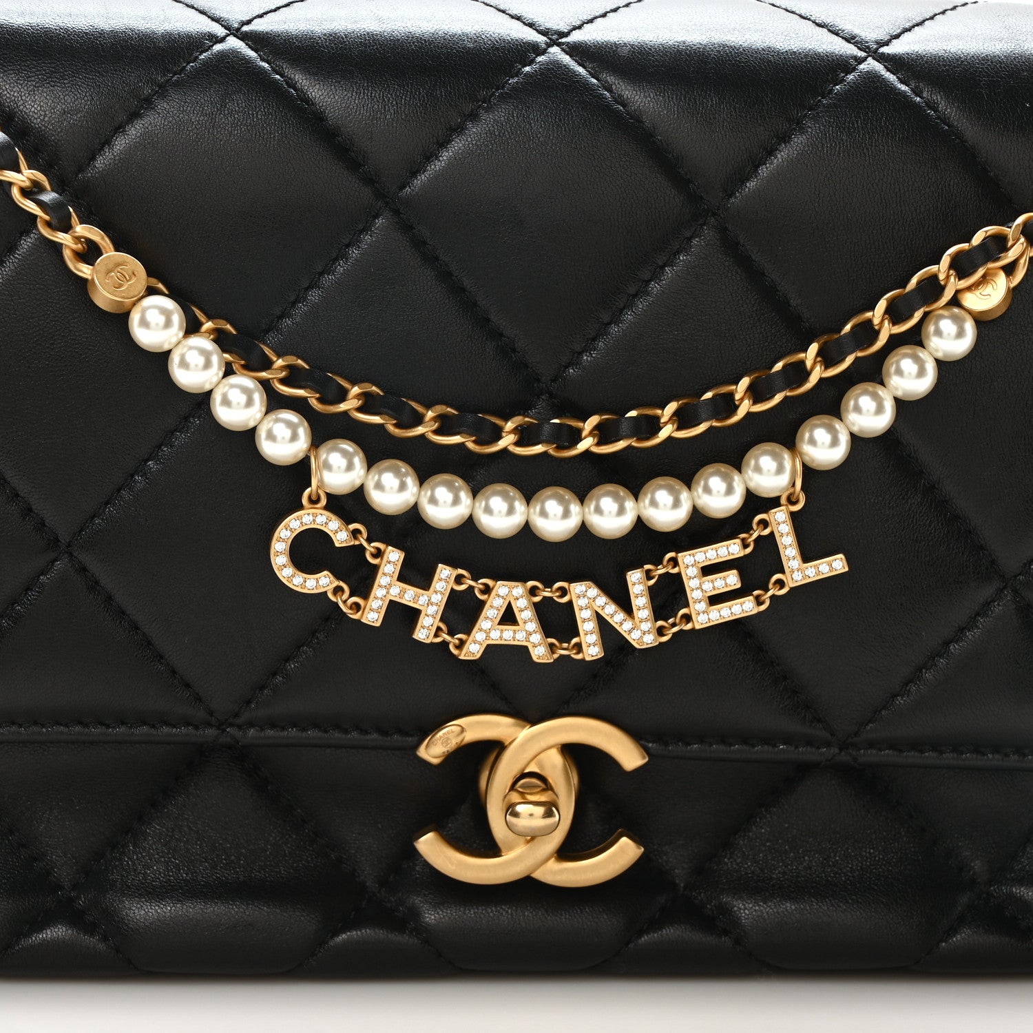Chanel Shiny Lambskin Quilted Mini Pearl Logo Flap Black 8 of 10