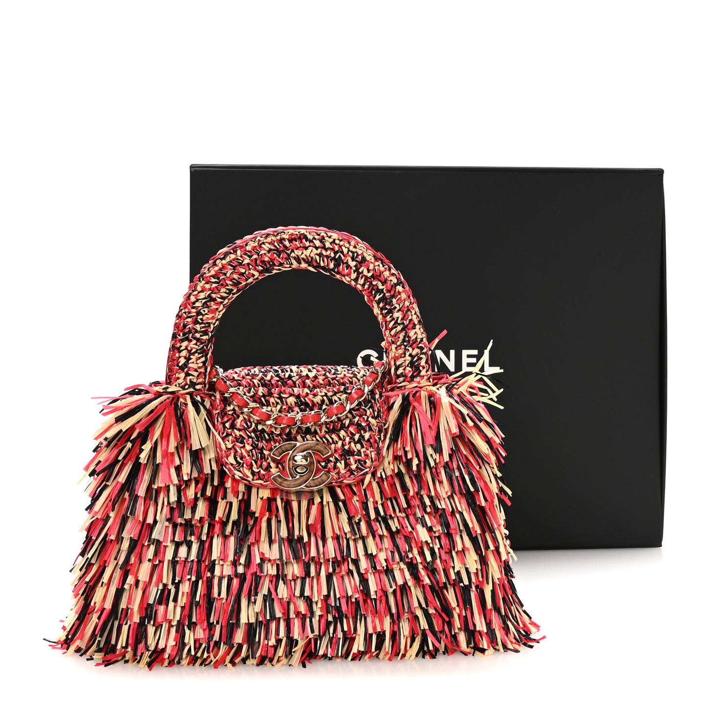 Raffia Fringe Nano Kelly Shopper Red Beige Black
