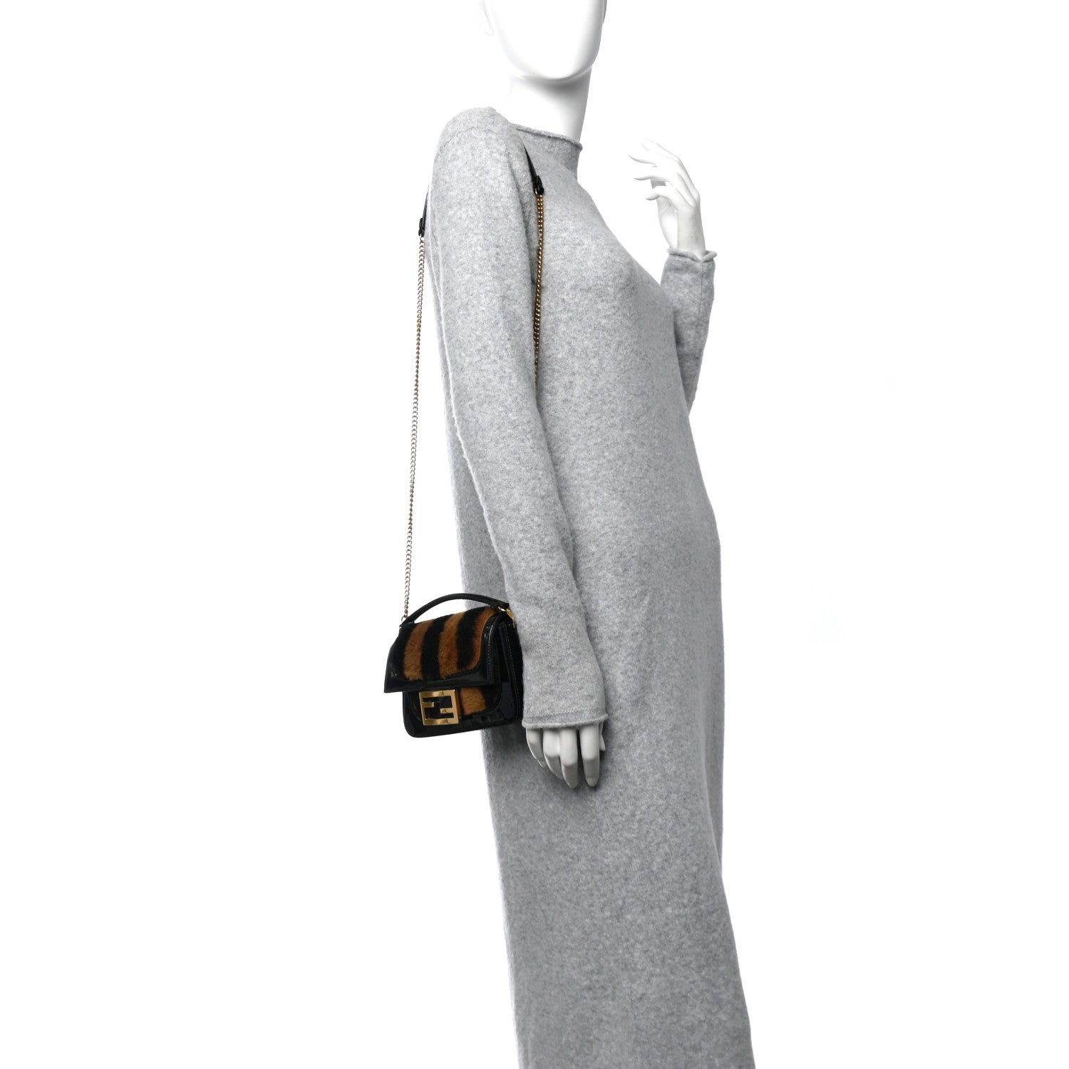 Fendi Shearling Vitello Vernice Mou Pequin Striped Mini Baguette Tobacco Black 3 of 10