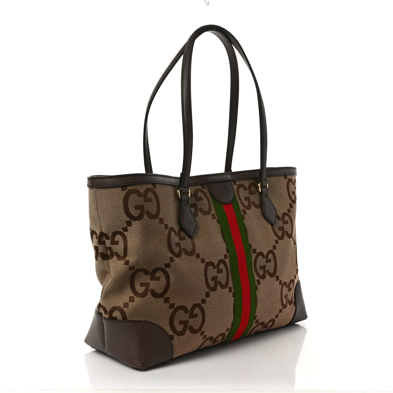 Gucci Monogram Jumbo GG Textured Dollar Calfskin Web Medium Ophidia Shopping Tote Camel Ebony 3 of 8