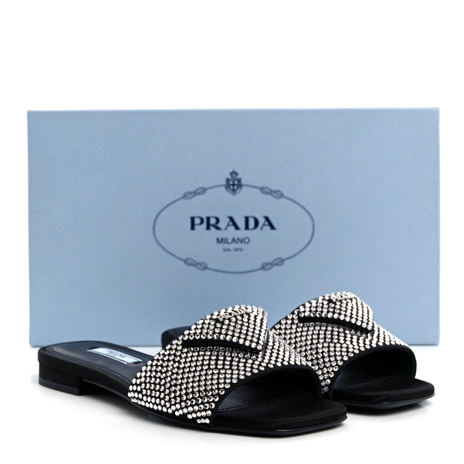 Prada Satin Crystal Logo 10mm Slide Sandals 35 Black 8 of 8