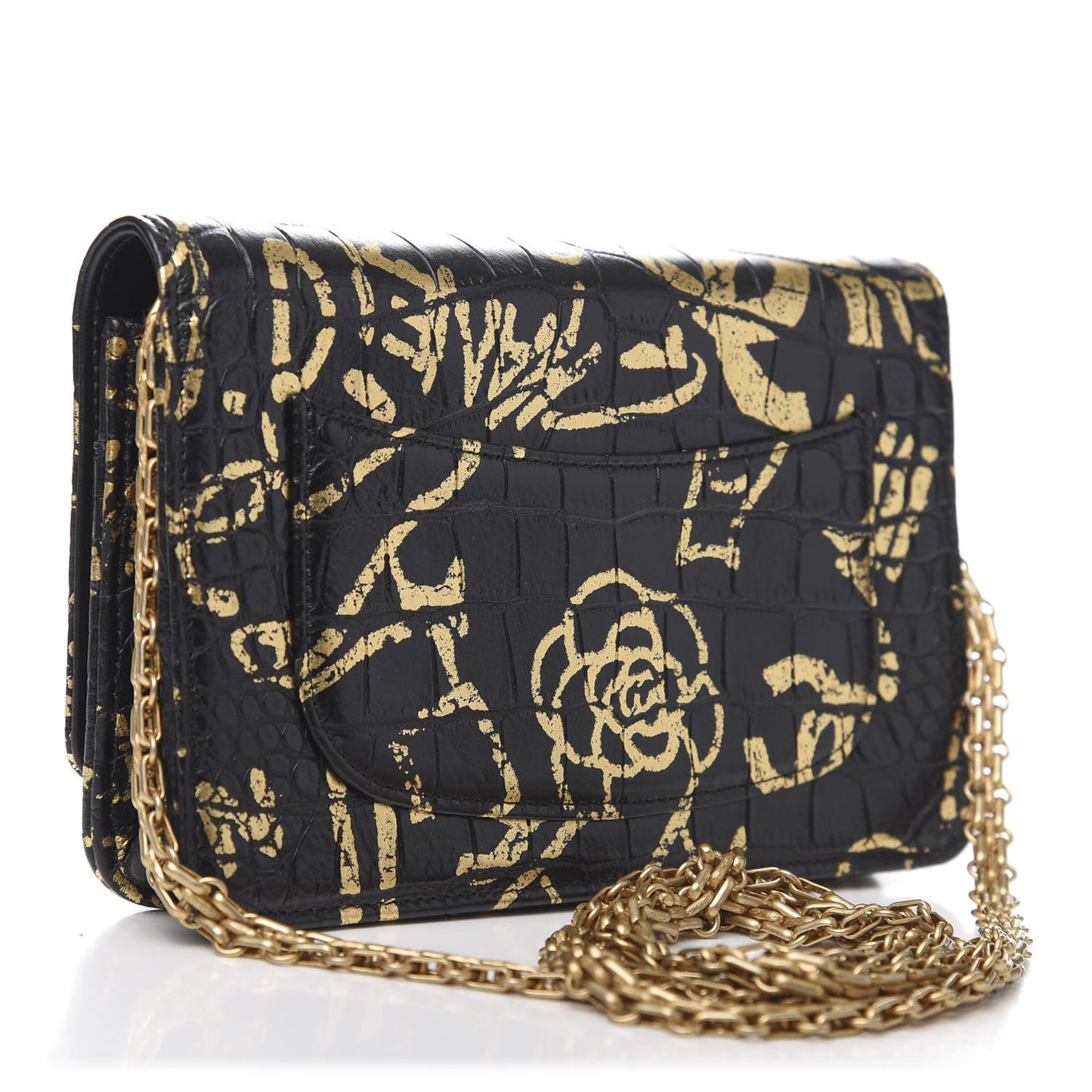 Calfskin Crocodile Embossed Graffiti 2.55 Cocodile Reissue Wallet On Chain WOC Black Gold