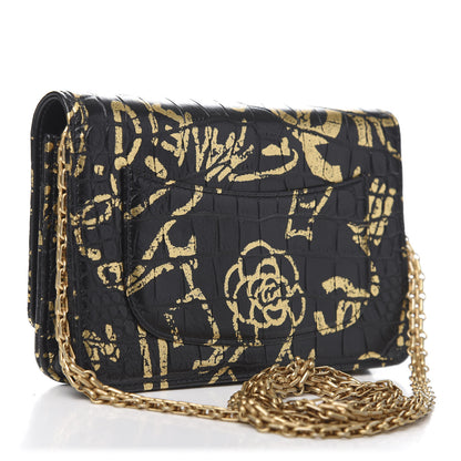 Chanel Calfskin Crocodile Embossed Graffiti 2.55 Cocodile Reissue Wallet On Chain WOC Black Gold 3 of 22