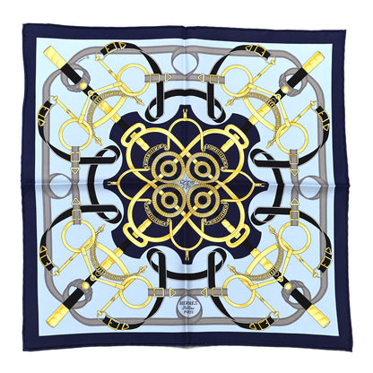 Hermes Silk Eperon D'Or Pocket Square Scarf Marine Ciel Gold 1 of 4
