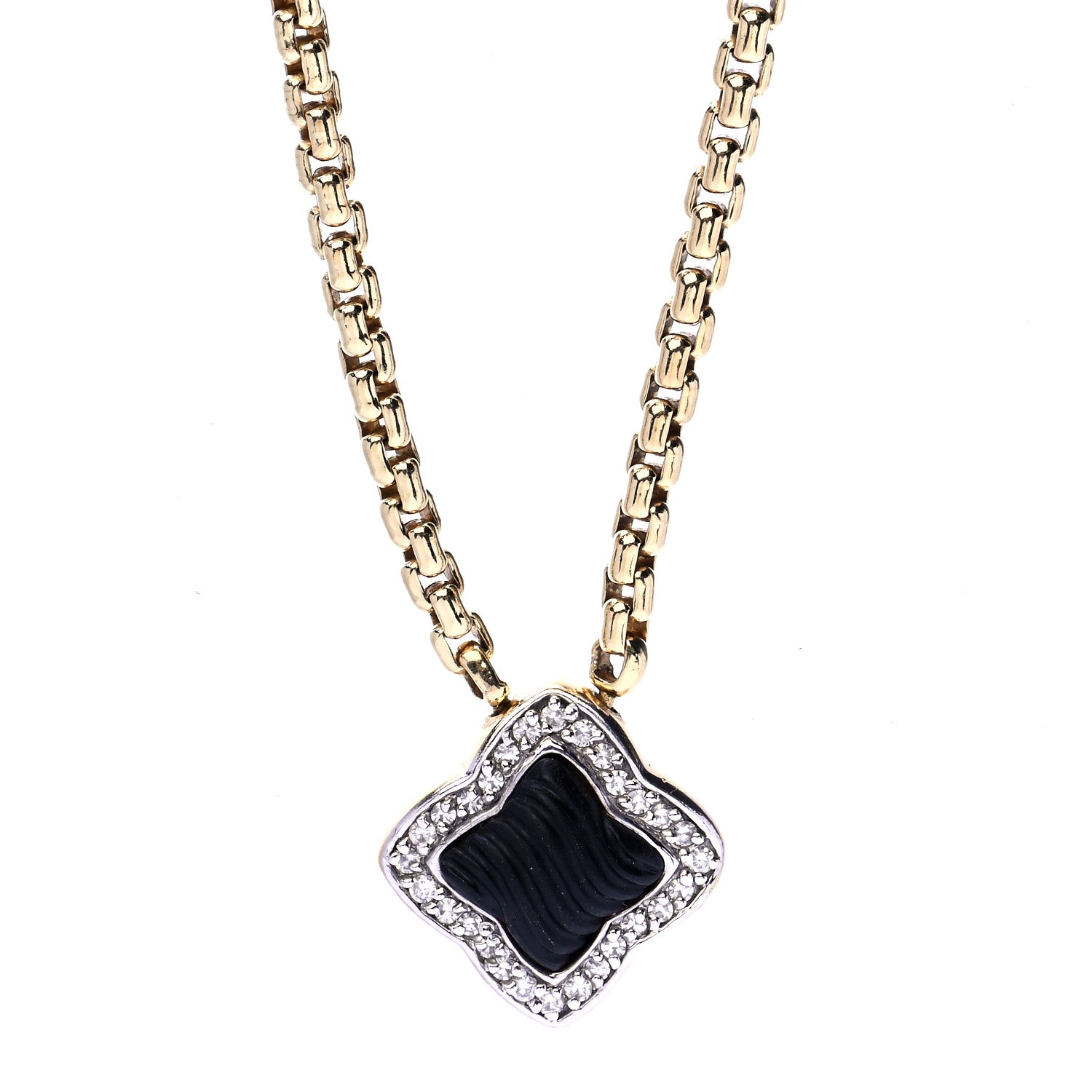 David Yurman 18K Yellow Gold Diamond Black Onyx Carved Quatrefoil Necklace 1 of 6