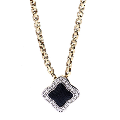 David Yurman 18K Yellow Gold Diamond Black Onyx Carved Quatrefoil Necklace 1 of 6