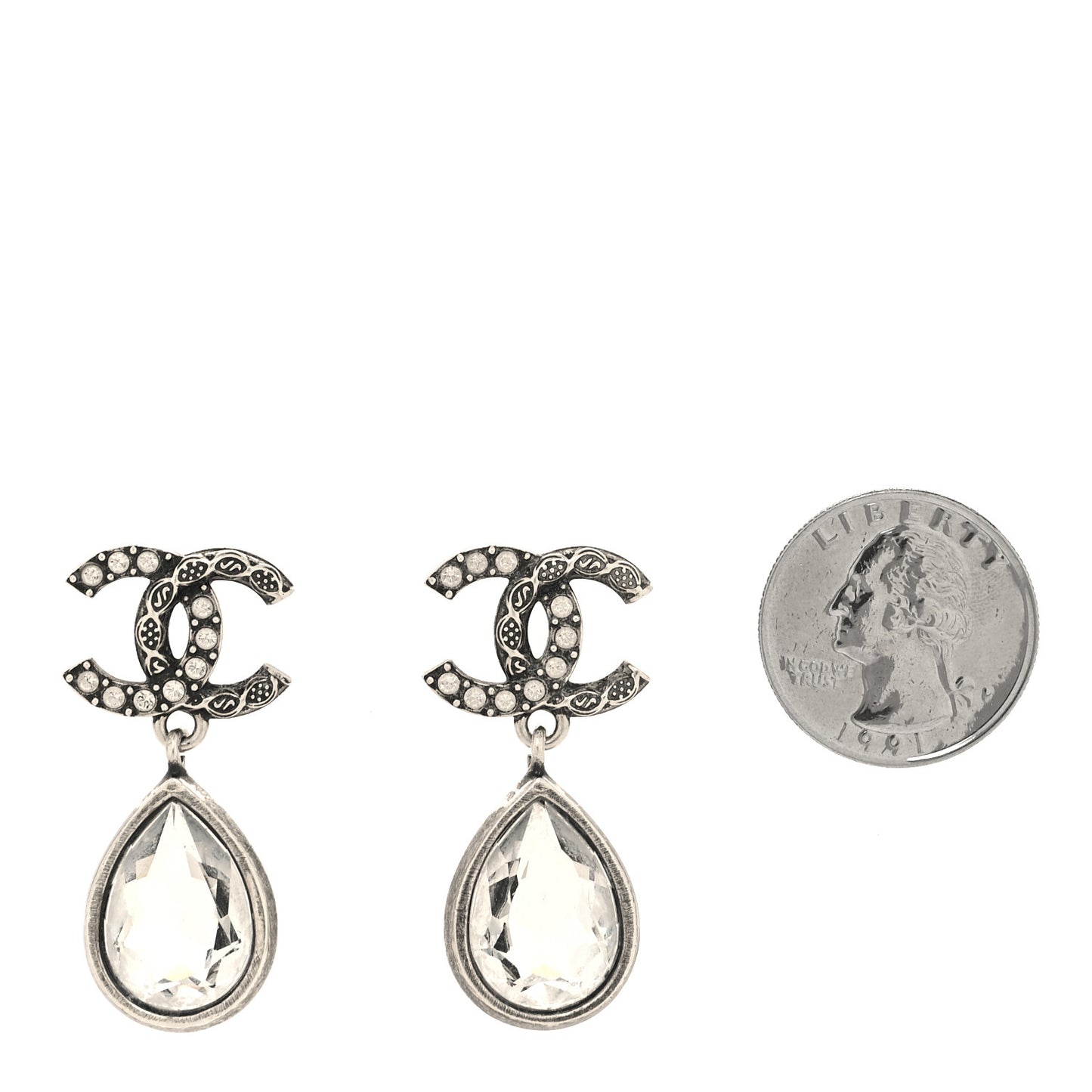 Crystal CC Tear Drop Earrings Silver