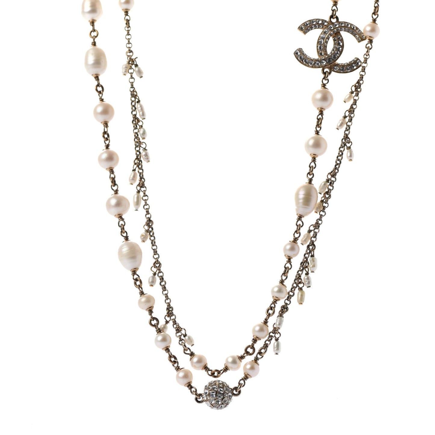 Pearl Crystal CC Long Necklace Gold