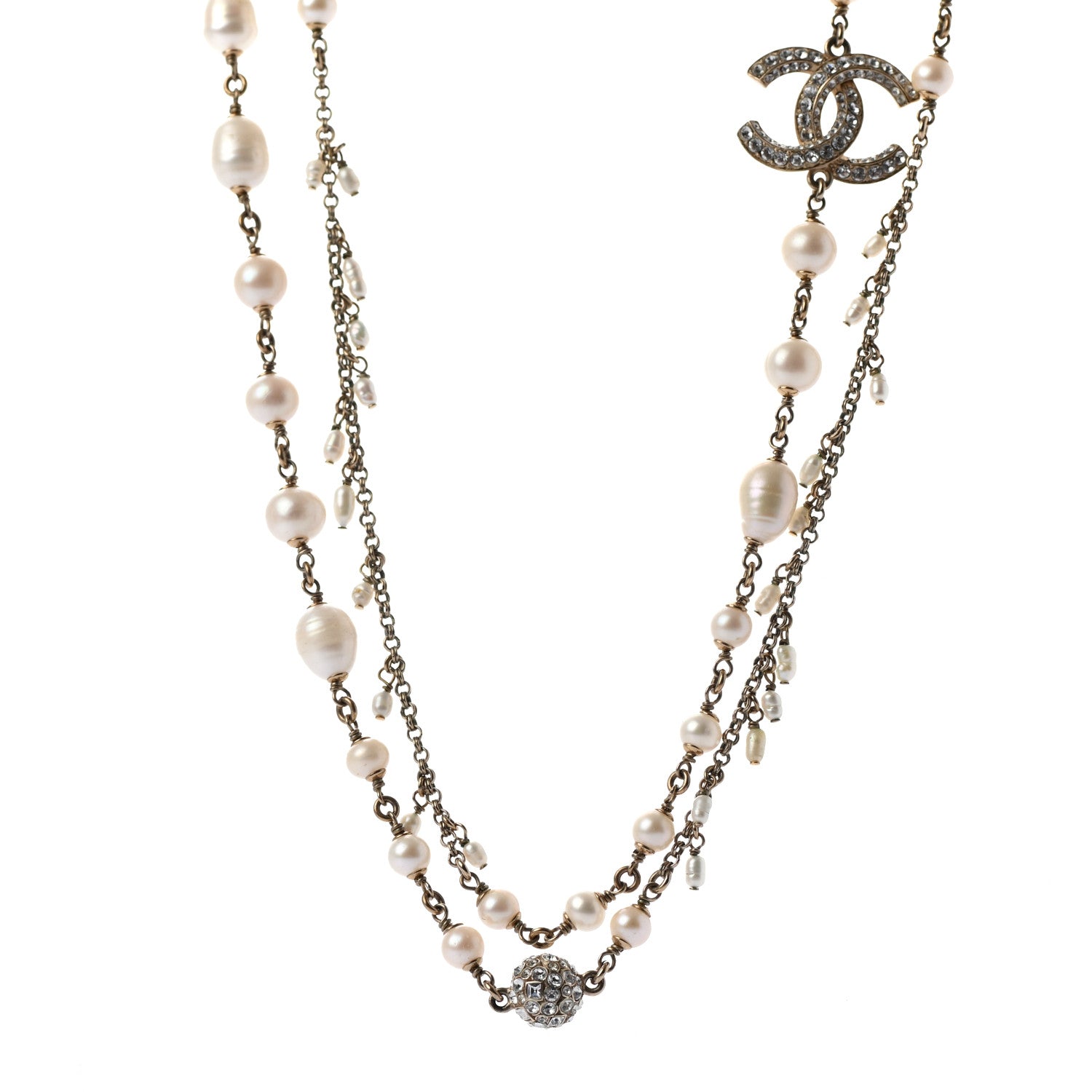 Chanel Pearl Crystal CC Long Necklace Gold 1 of 5