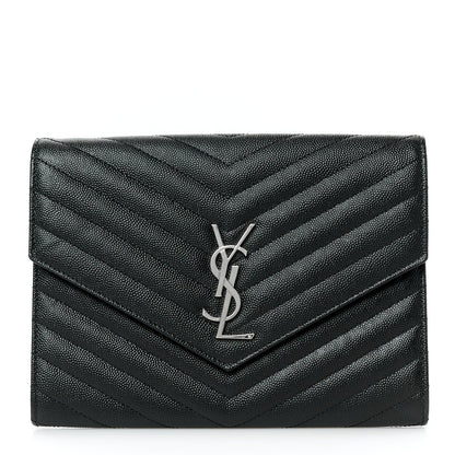 Saint Laurent Grain De Poudre Matelasse Chevron Monogram Envelope Clutch Black 1 of 8