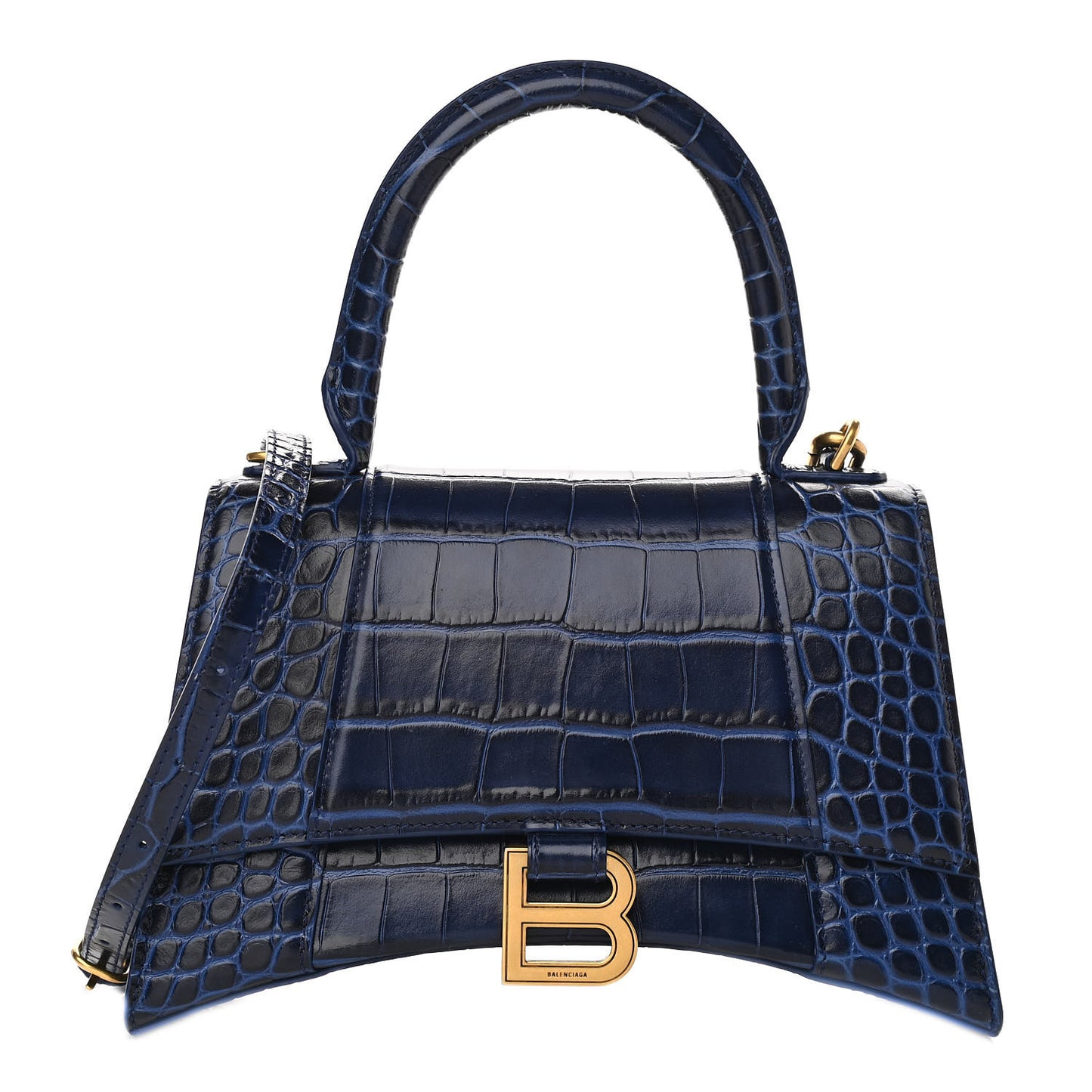Calfskin Crocodile Embossed Small Hourglass Top Handle Bag Indigo