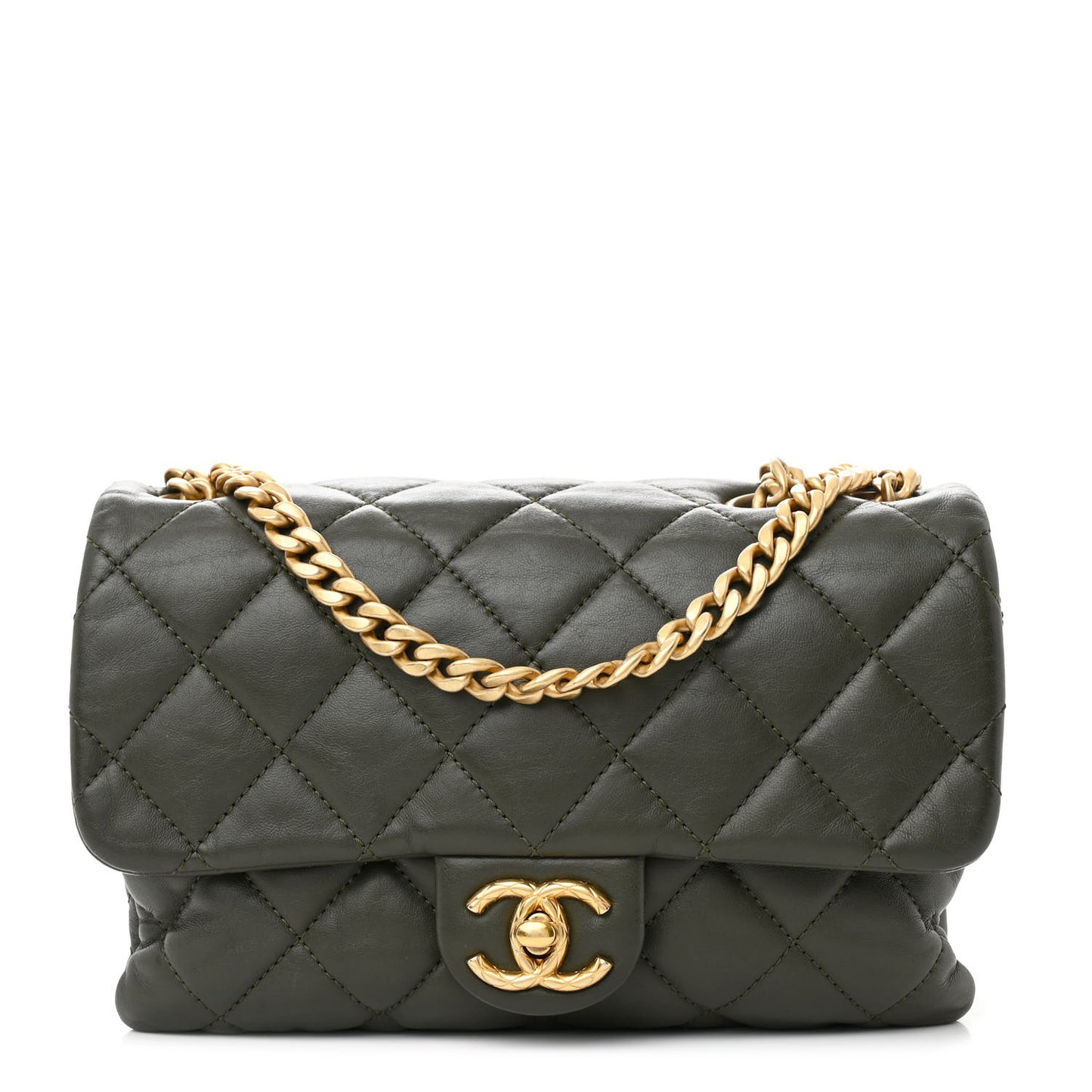 Lambskin Quilted Small Pillow Crush Flap Khaki