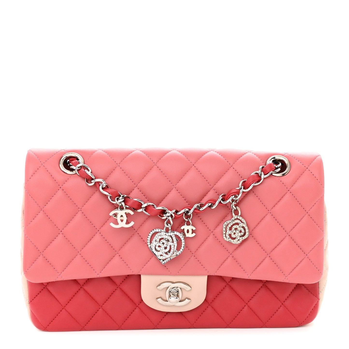 Lambskin Quilted Tri-Color Medium Valentine Charms Single Flap Pink