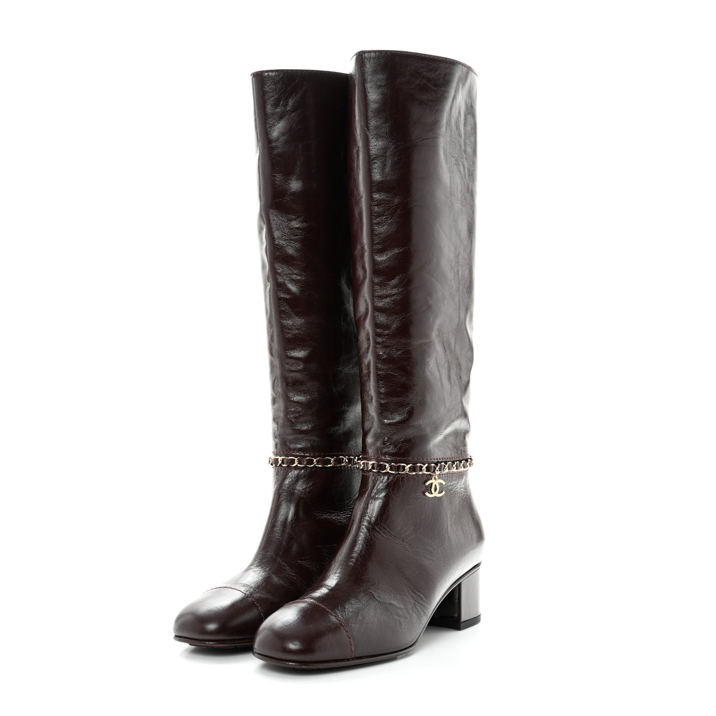 Crumpled Calfskin Cap Toe Chain Boots 37.5 Burgundy