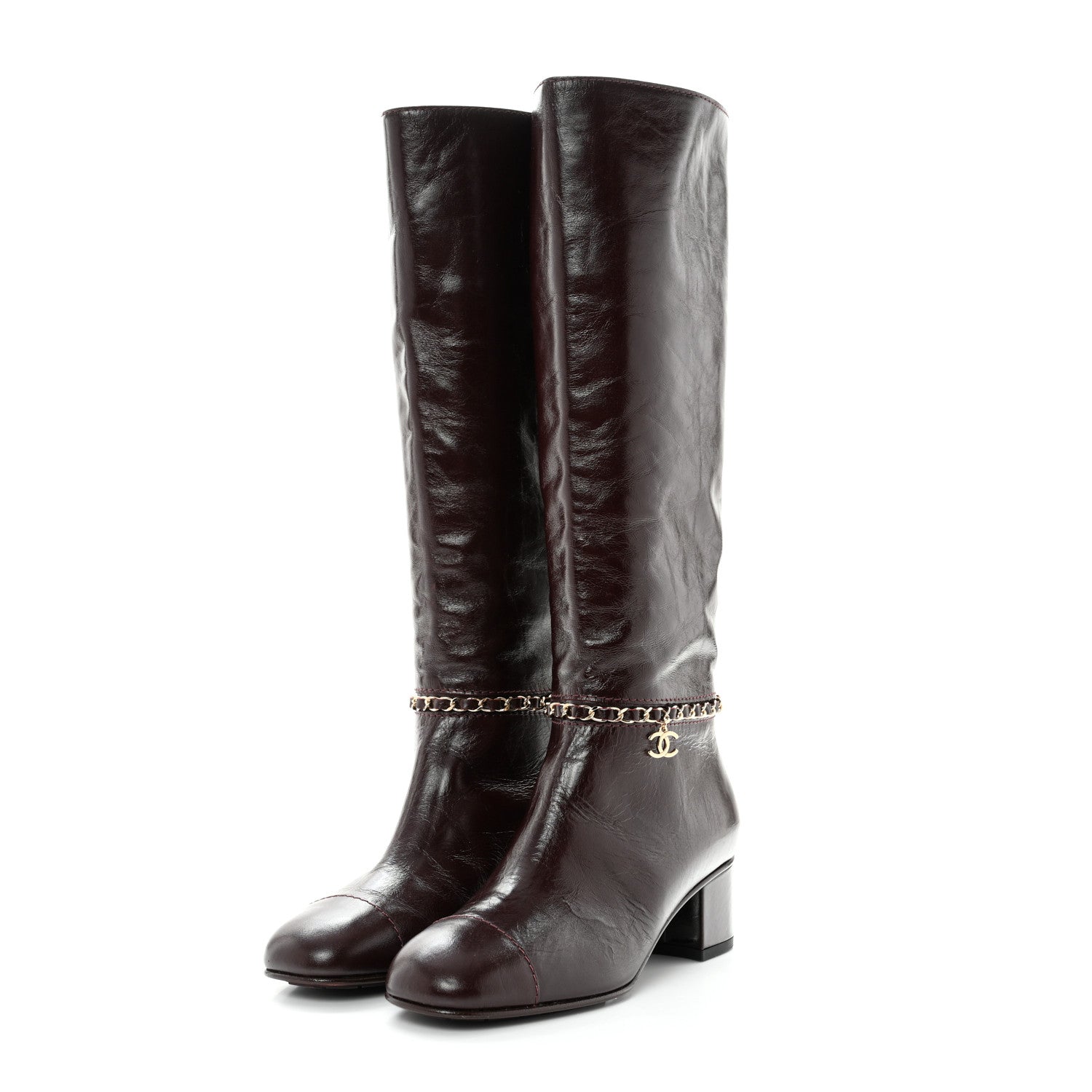 Chanel Crumpled Calfskin Cap Toe Chain Boots 37.5 Burgundy 4 of 7