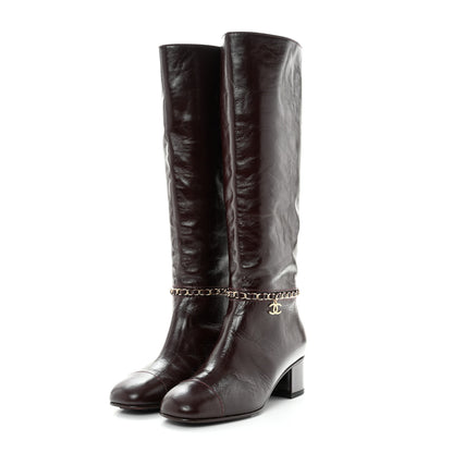 Chanel Crumpled Calfskin Cap Toe Chain Boots 37.5 Burgundy 4 of 7
