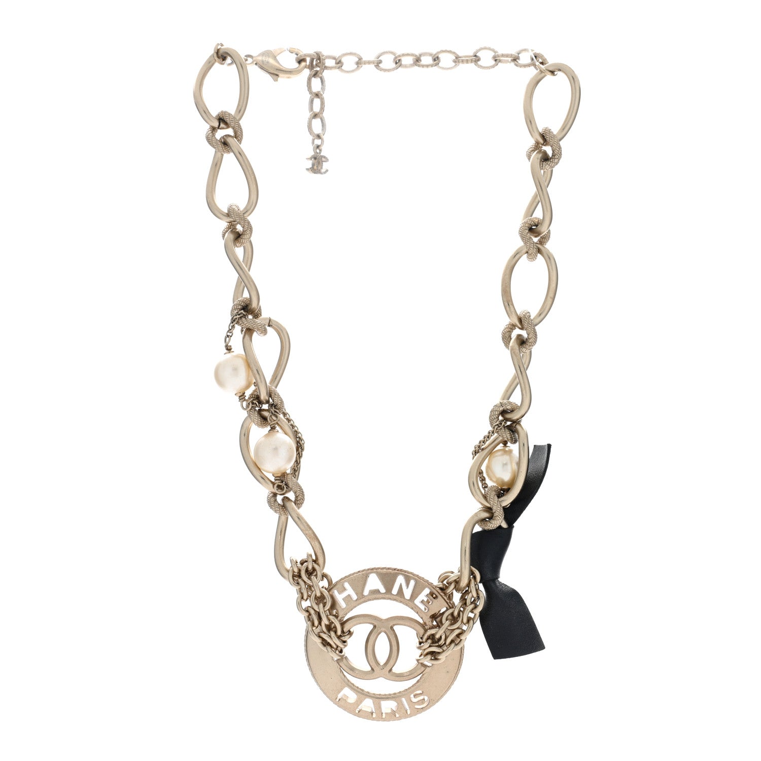 Chanel Metal Pearl Chain CC Paris Pendant Necklace Light Gold 2 of 4
