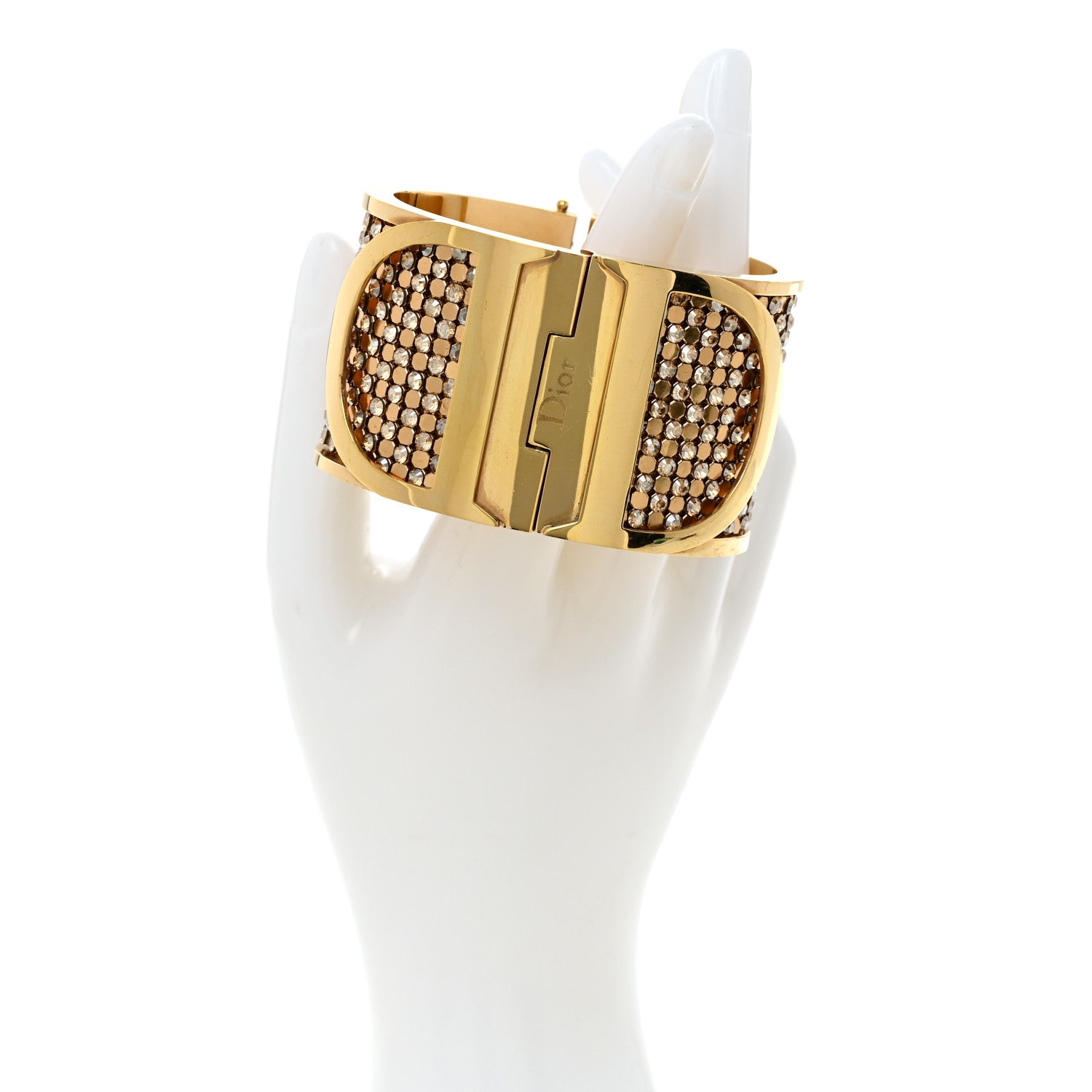Christian Dior Metal Crystal Wide CD Cuff Bracelet Gold 2 of 6