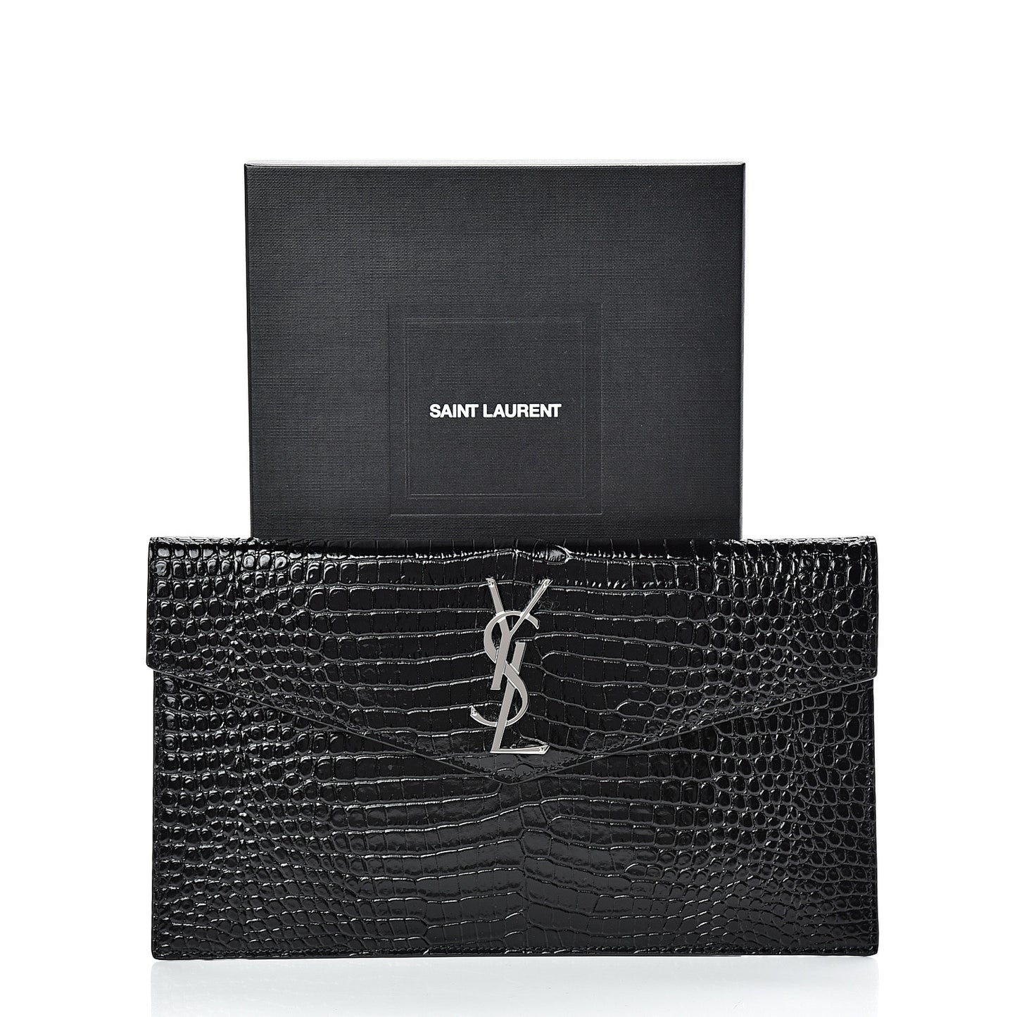 Calfskin Crocodile Embossed Uptown Monogram Clutch Black
