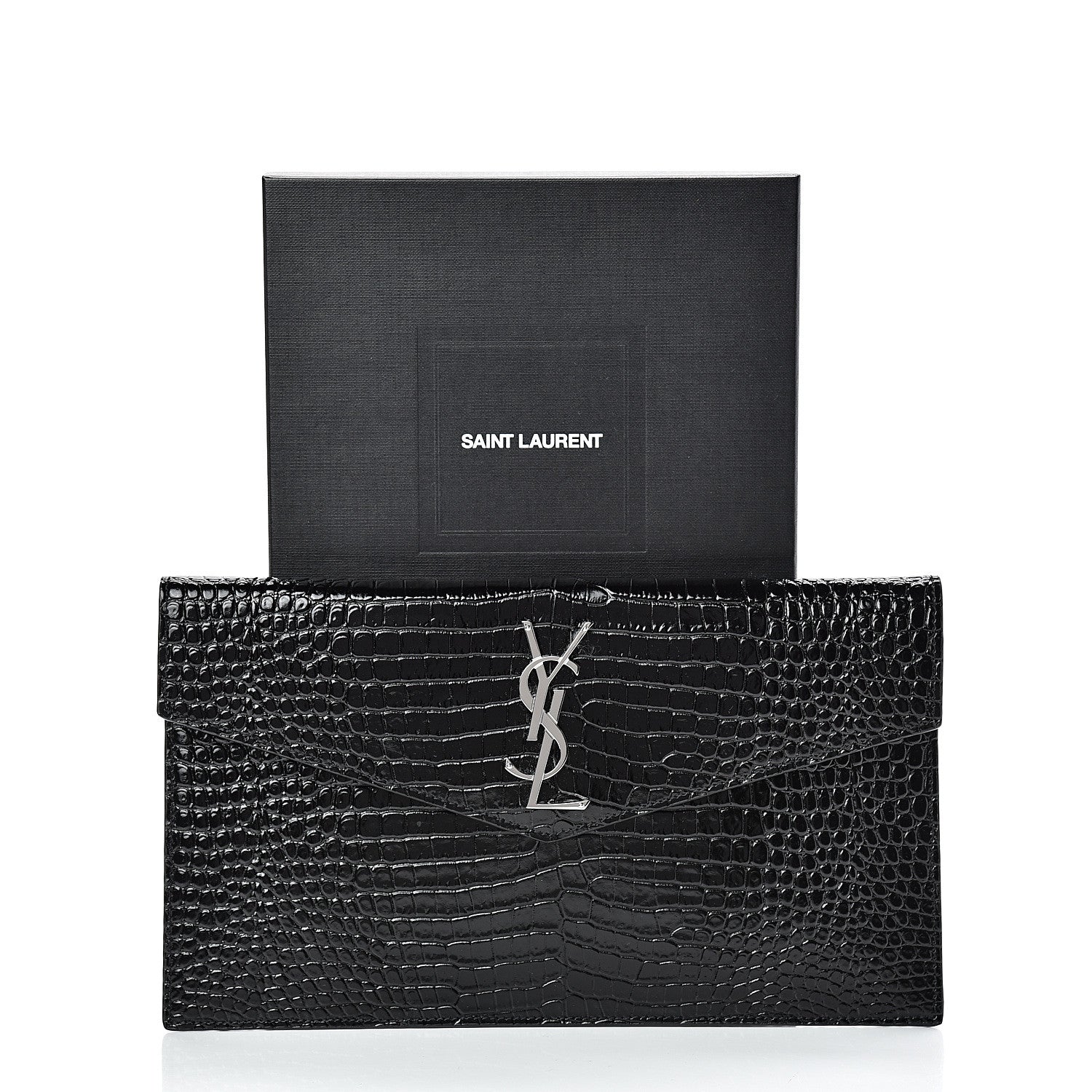 Saint Laurent Calfskin Crocodile Embossed Uptown Monogram Clutch Black 7 of 7