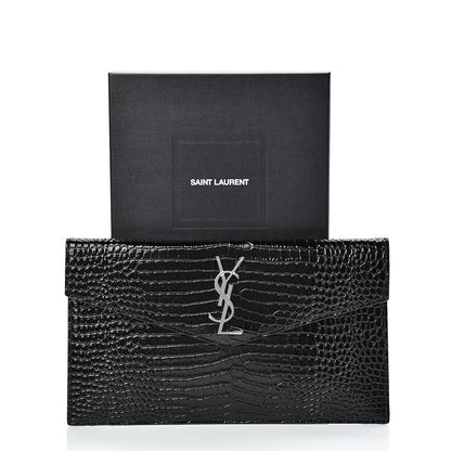 Saint Laurent Calfskin Crocodile Embossed Uptown Monogram Clutch Black 7 of 7