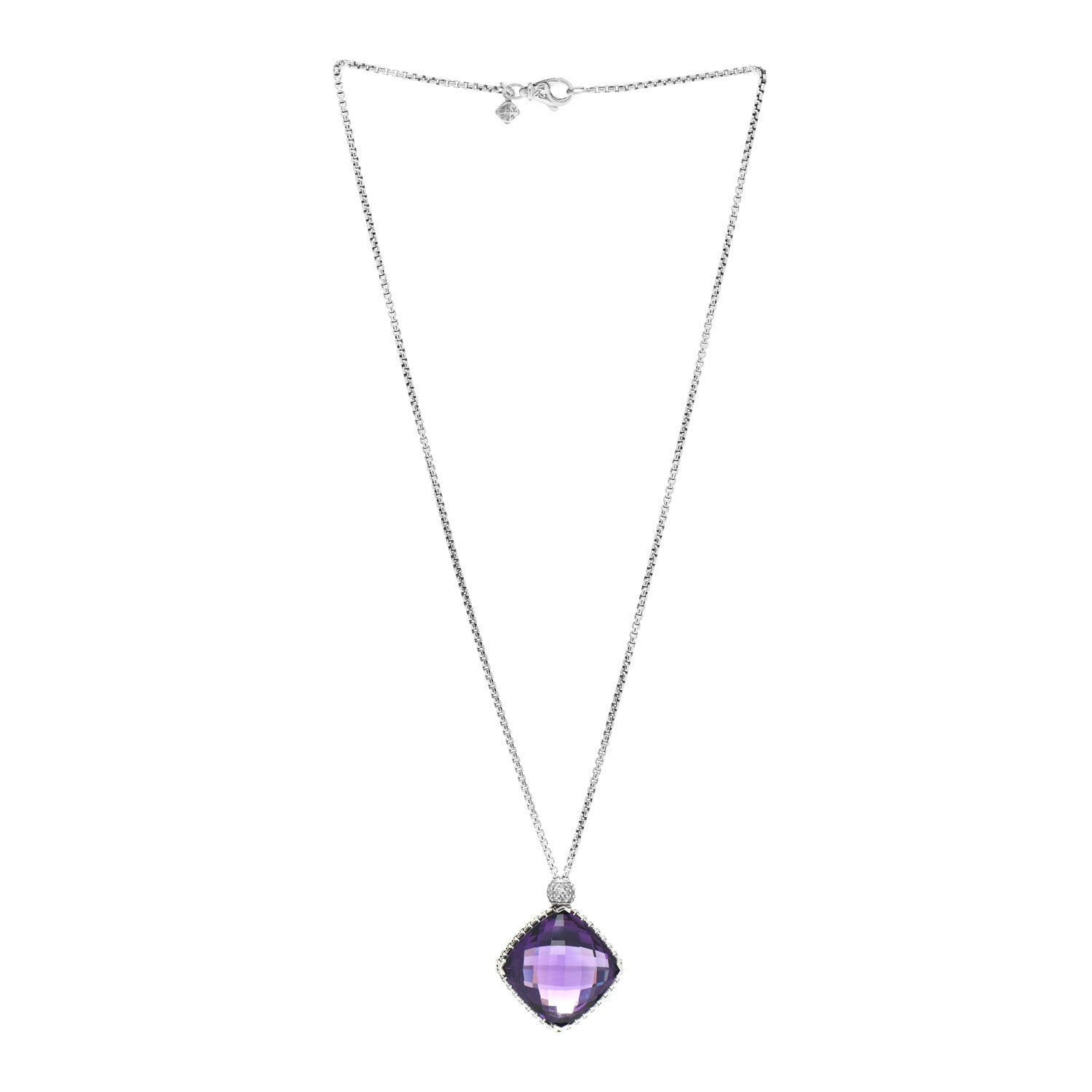 David Yurman Sterling Silver Diamond Amethyst 20mm Cushion On Point Pendant Necklace 3 of 4
