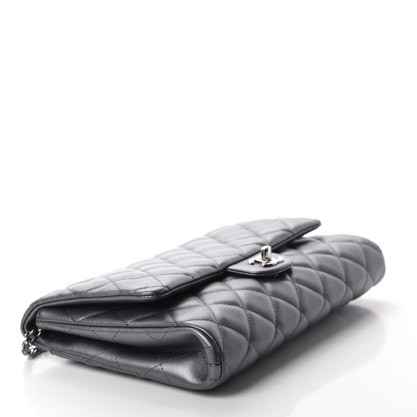 Metallic Lambskin Quilted Clutch With Chain Flap Dark Grey