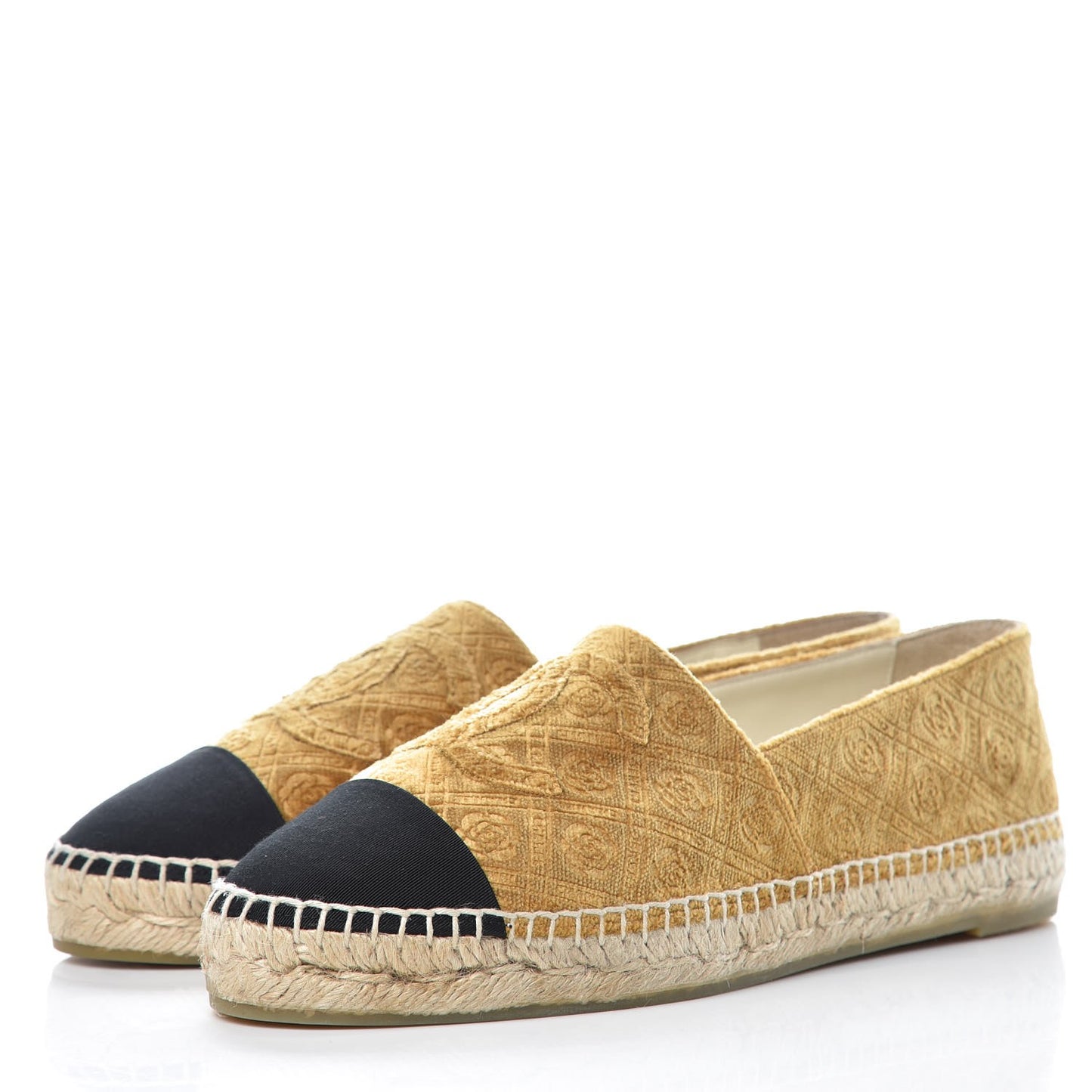 Velvet Grosgrain Quilted Camellia CC Espadrilles 41 Gold Black