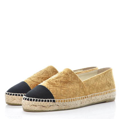 Chanel Velvet Grosgrain Quilted Camellia CC Espadrilles 41 Gold Black 3 of 12