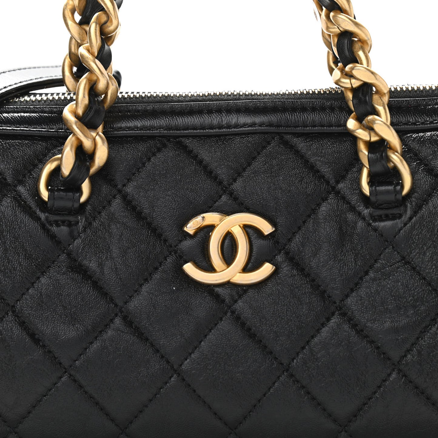Shiny Lambskin Quilted Fashion Therapy Bowling Bag Black