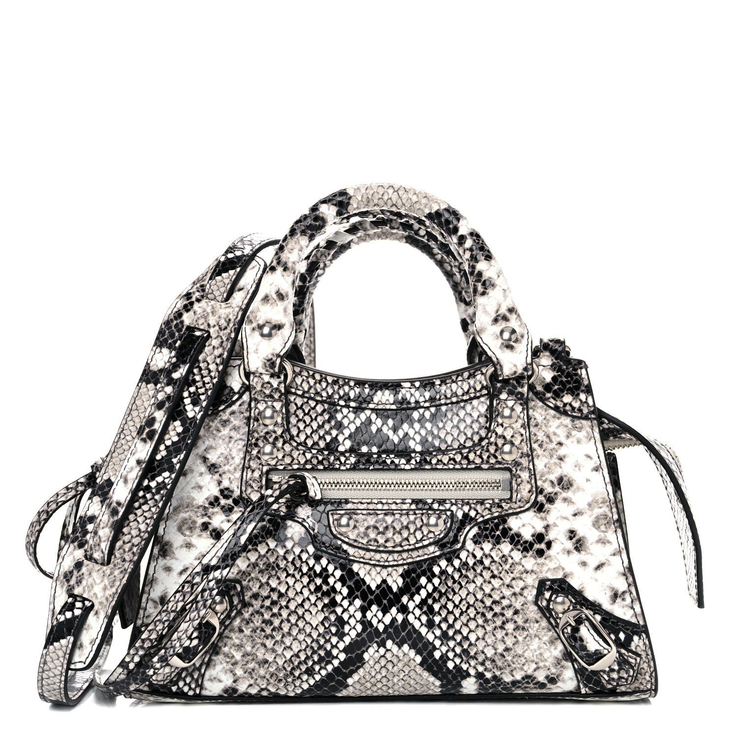 Balenciaga Grained Calfskin Snake Effect Neo Classic Silver Hardware Mini City Black White 1 of 8