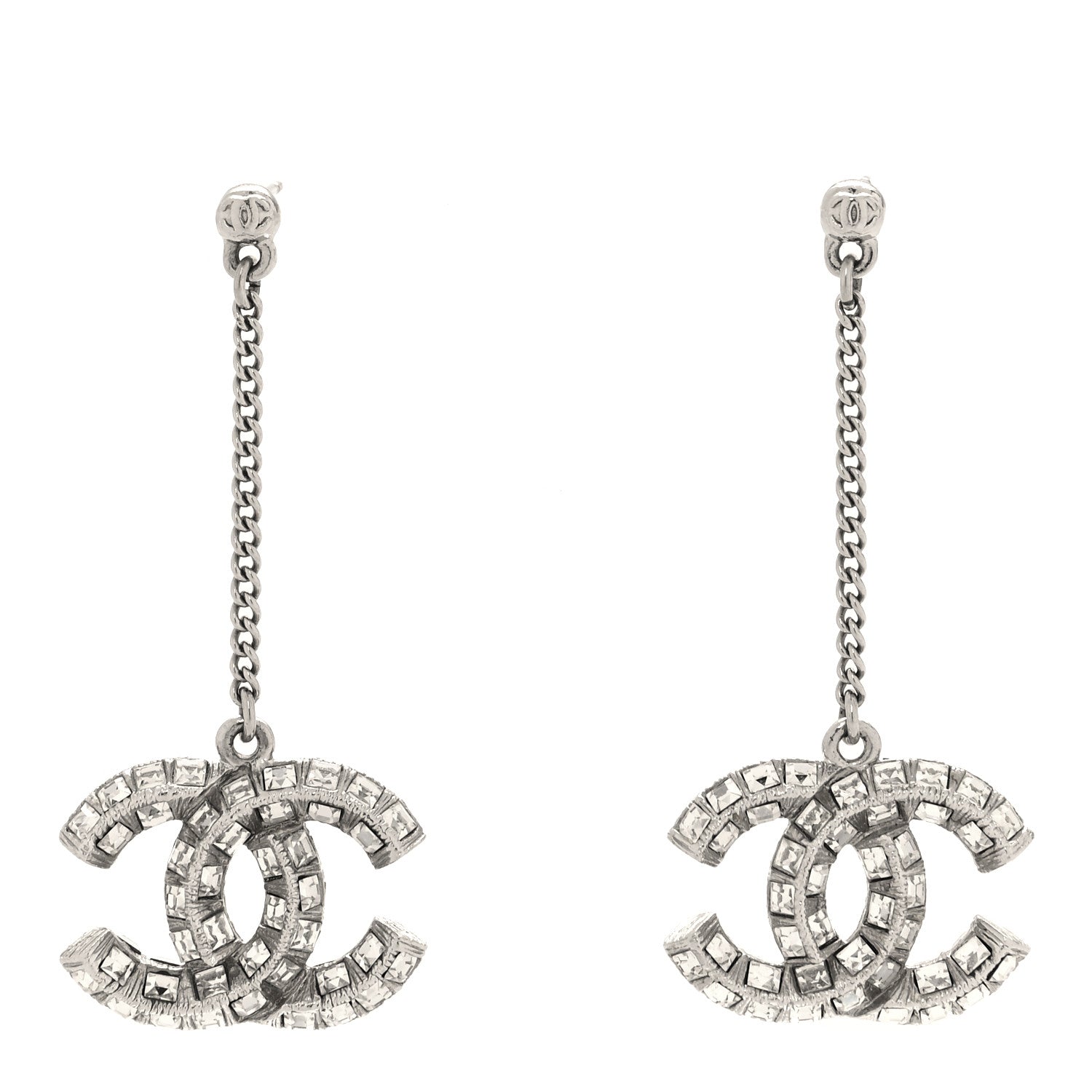 Chanel Baguette Crystal CC Drop Earrings Silver 1 of 5