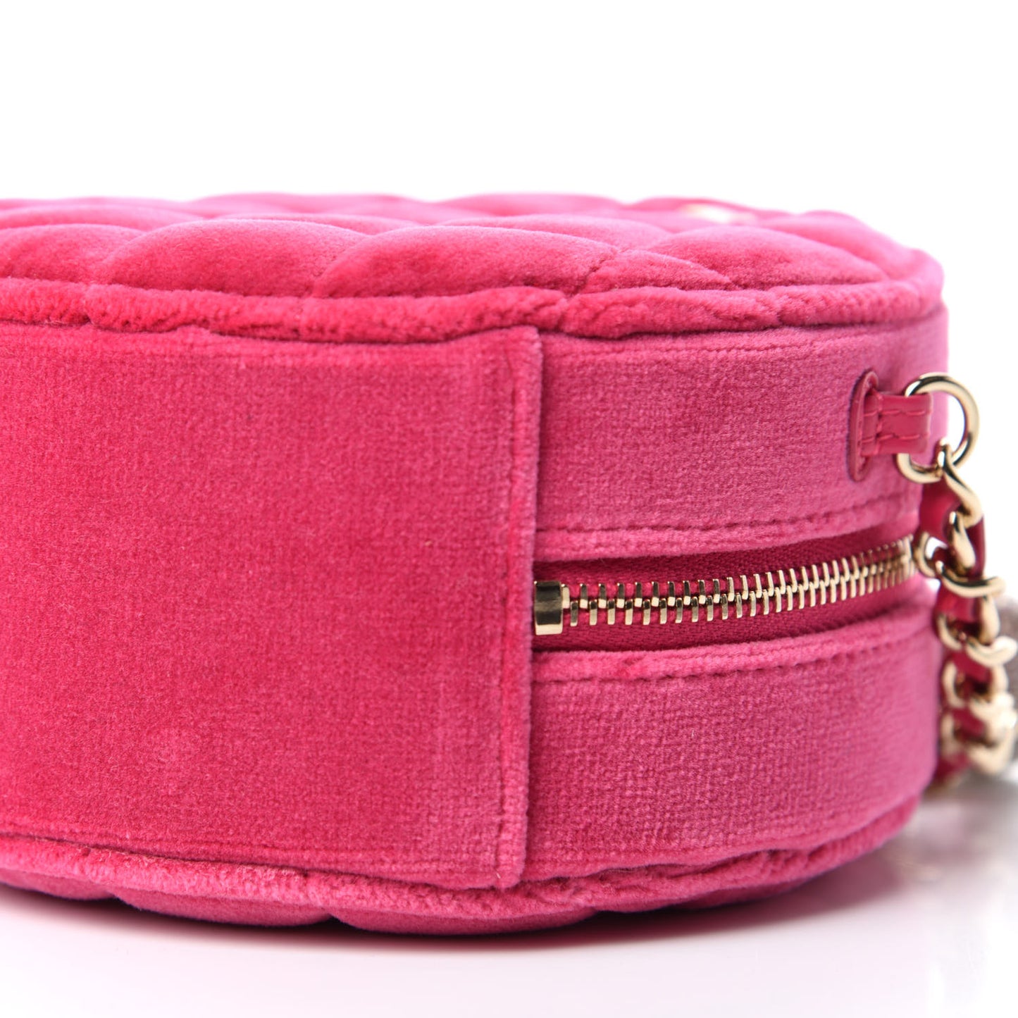 Velvet Round Quilted Pearl Crush Clutch With Chain Pink