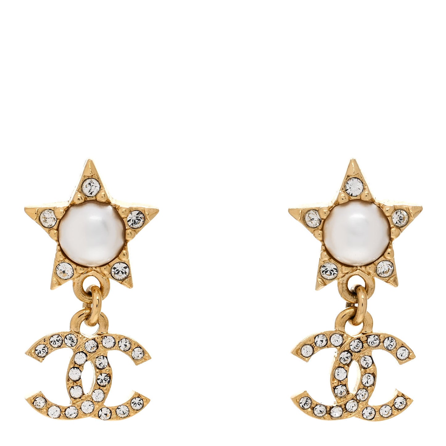 Crystal Pearl CC Star Drop Earrings Gold