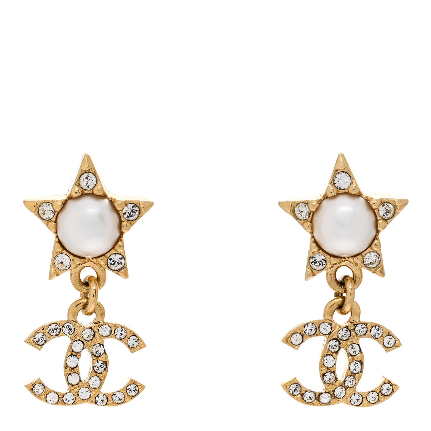 Chanel Crystal Pearl CC Star Drop Earrings Gold 1 of 5